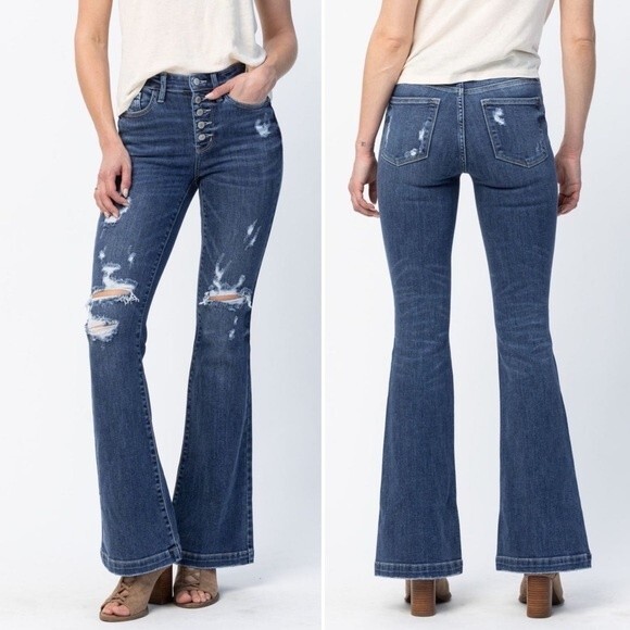 NWT Judy Blue Jeans Judith Button Fly Dark Wash Trouser Flare Size 26 | 2/3 NEW - Picture 1 of 14